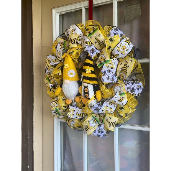 Bee Gnome Wreath Yellow Black White Mesh Bow Front Door Summer Decor 24” - Picture 7 of 7